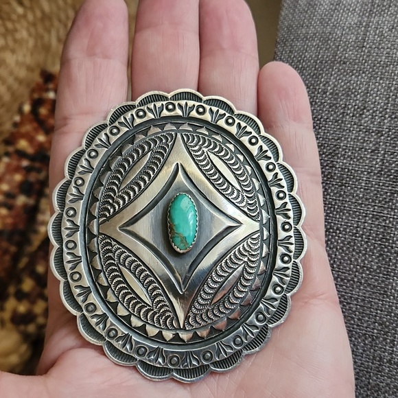 Amazing Vintage Native American Navajo Roland Dixon Concho & Turquoise Brooch 💙 - Picture 7 of 12